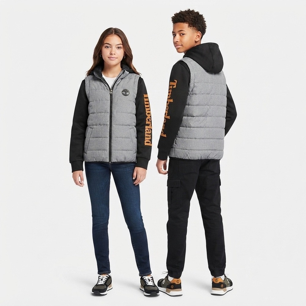 Timberland Kids Unisex Gray Black Puffer Hybrid Hooded Jacket Size M 10/12